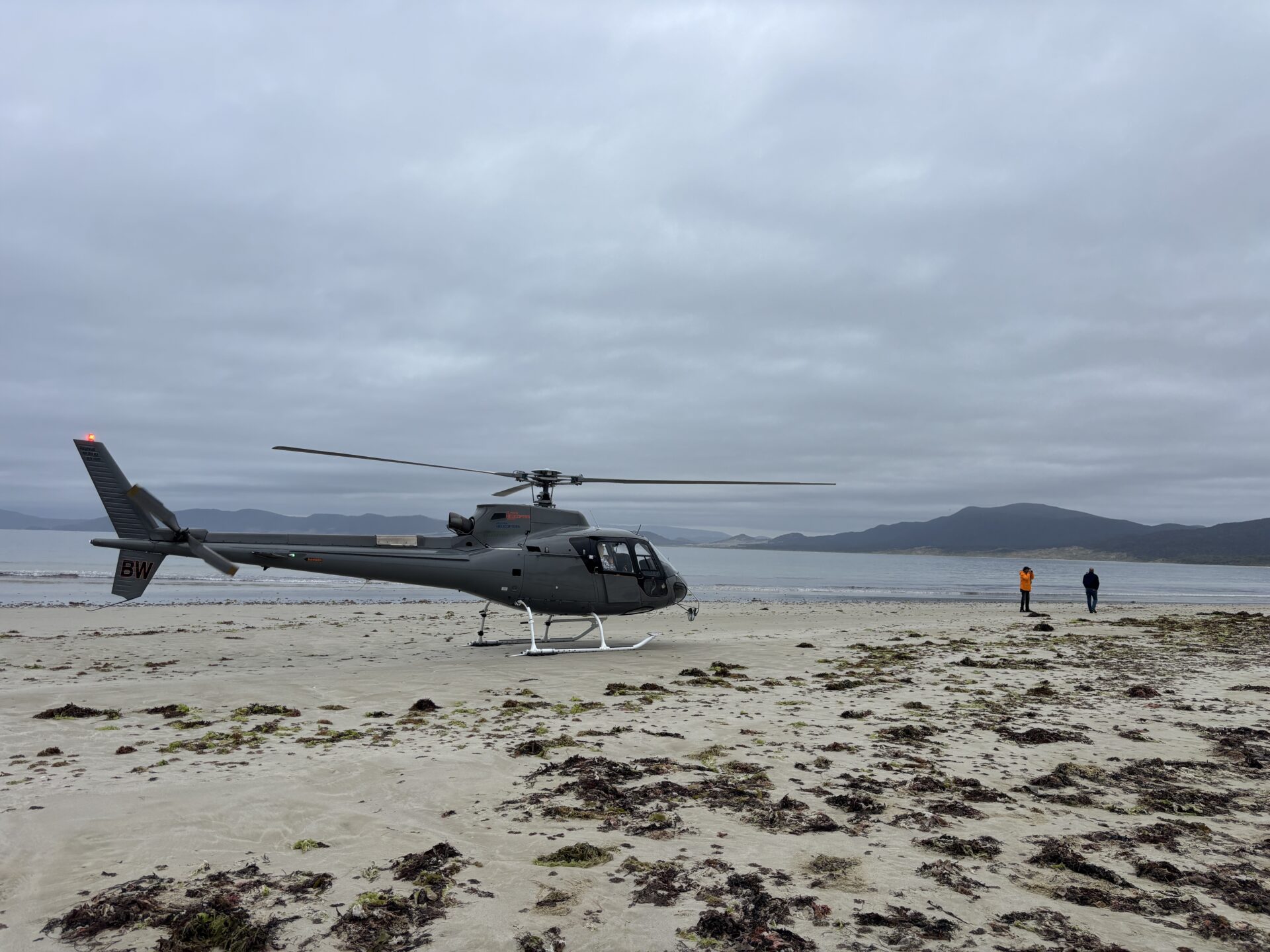 A gray helicopter is parked on a sandy beach with seaweed; two people stand nearby under a cloudy sky, with mountains in the distance.