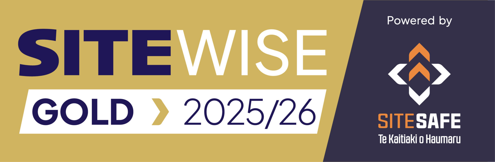 SiteWise Gold 2025/26 badge powered by Site Safe Te Kaitiaki o Haumaru, with a gold and navy color scheme.